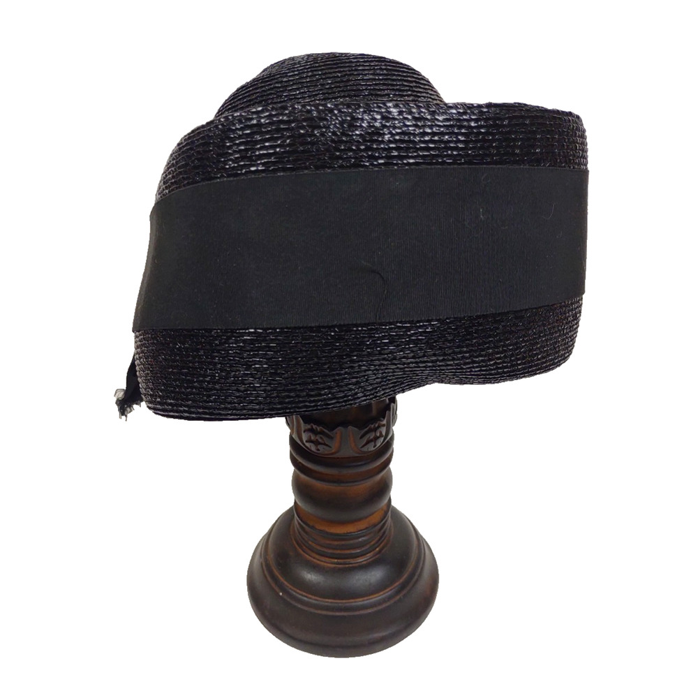 Mr John Jr Vintage Straw Pillbox Hat Black w Bow Union Made Fancy Church Formal - Picture 9 of 10